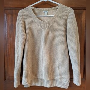 LL Bean Womens Sweater V Neck Chunky Knit Tan Sm P Neutral 100% Cotton Classic